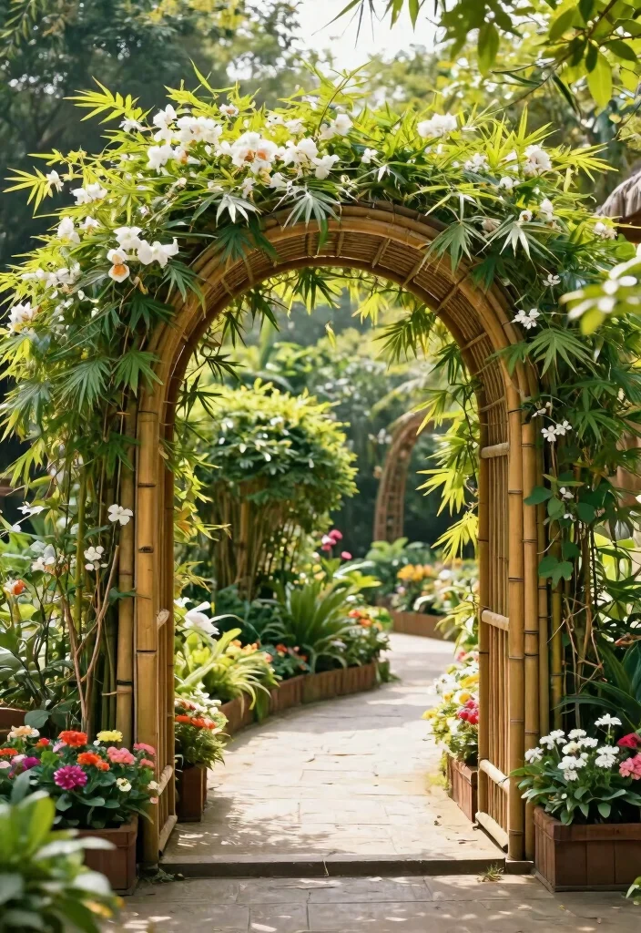 14 Bamboo Trellis Concepts That Support Heavy Vines Without Bending - 9. Bamboo Garden Arch with Planters 1