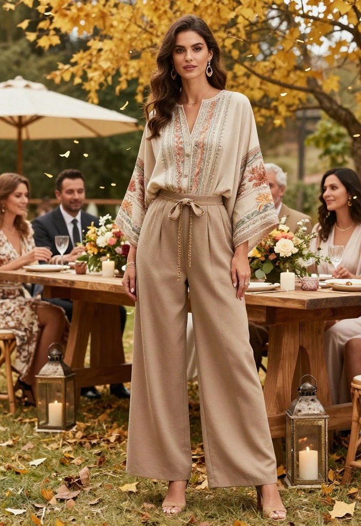 14 Fall Outdoor Wedding Guest Dress Ideas That Work in Any Weather - 11. Tunic and Wide-Leg Trousers 1