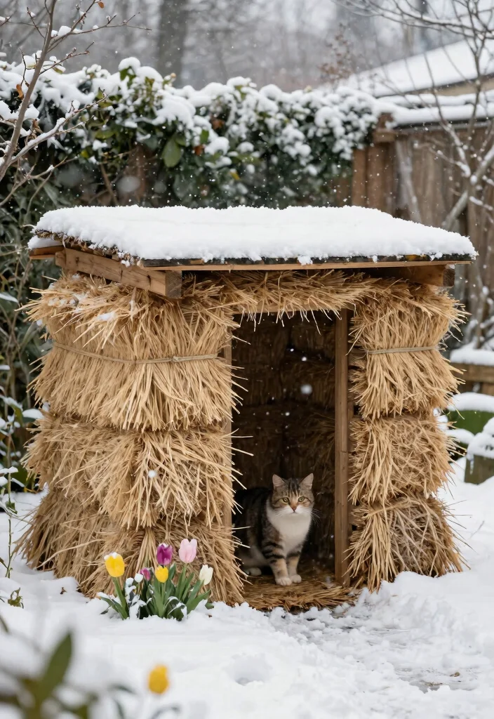 14 Outdoor Cat Shelter Ideas That Stay Warm in Freezing Weather - 3. The Cozy Straw Bale Shelter 1