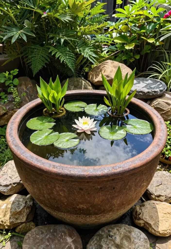 14 Patio Potted Plant Ideas That Survive Heat and Forgot Watering - 11. Rustic Container Water Gardens 1
