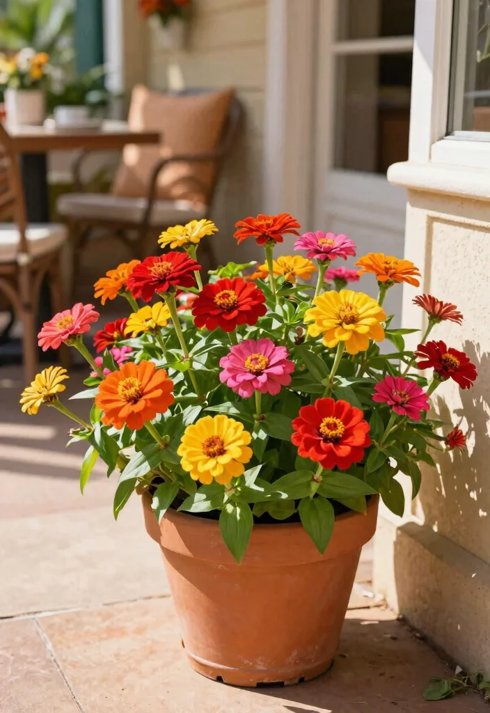 14 Patio Potted Plant Ideas That Survive Heat and Forgot Watering - 14. Bright Zinnias 1