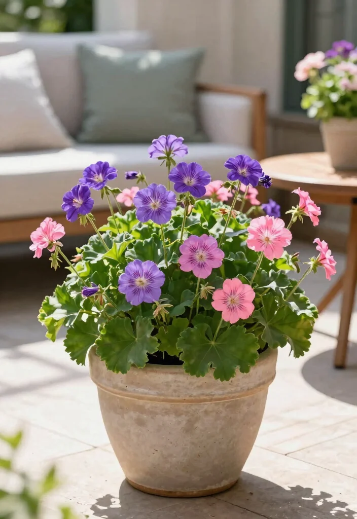 14 Patio Potted Plant Ideas That Survive Heat and Forgot Watering - 5. Hardy Geraniums 1