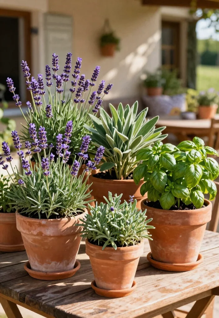 14 Patio Potted Plant Ideas That Survive Heat and Forgot Watering - 6. Mediterranean Herbs in Terracotta 1
