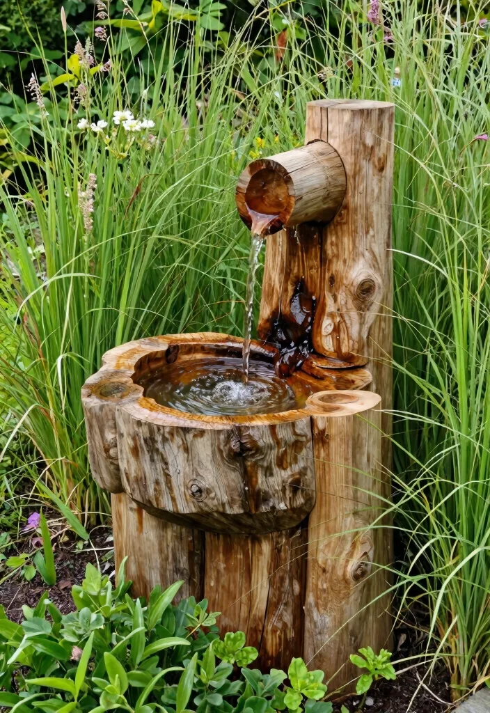 14 Patio Water Fountain Ideas That Don't Need a Buried Line - 7. Rustic Wooden Fountain 1