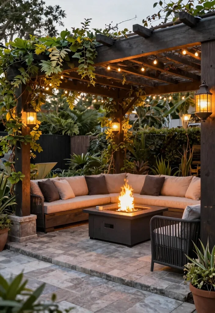 14 Paver Fire Pit Patio Ideas That Don't Need a Full Hardscape - 12. Fire Pit with Pergola Shade 1