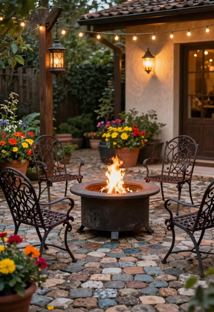 14 Paver Fire Pit Patio Ideas That Don't Need a Full Hardscape - 6. Vintage Charm with Cobblestone Pavers 1