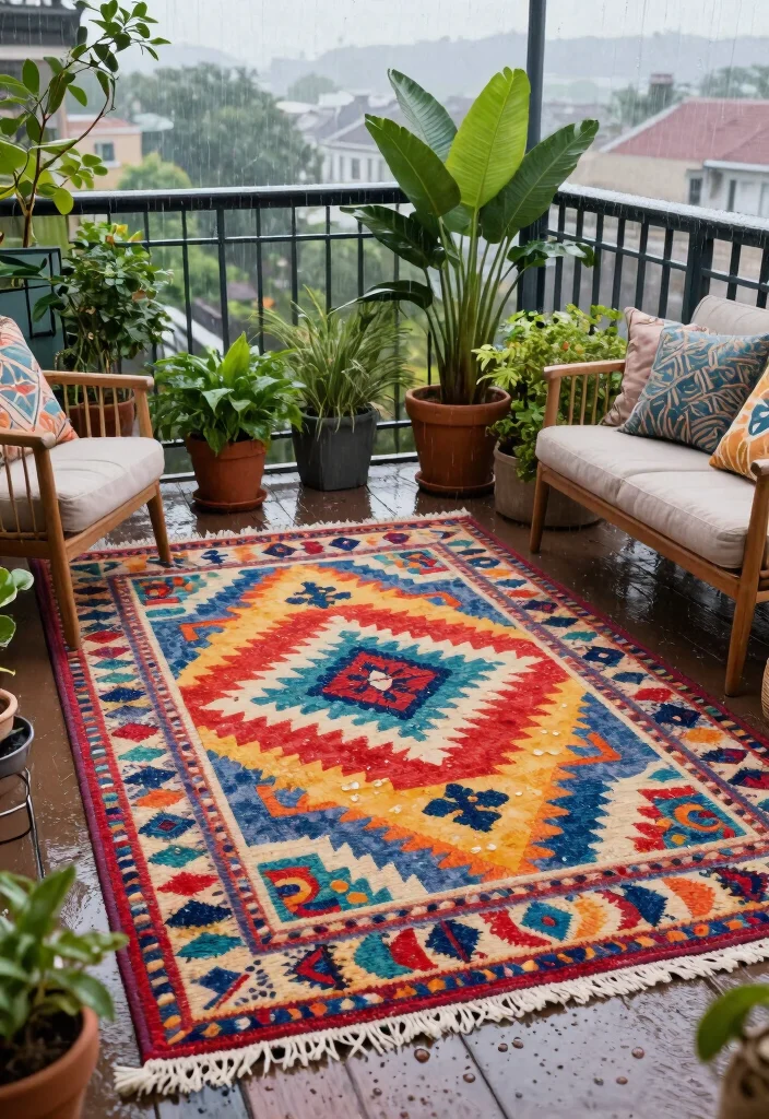 14 Rain Protection Balcony Ideas That Keep Your Space Dry and Usable - 10. Outdoor Rugs for Comfort and Style 1