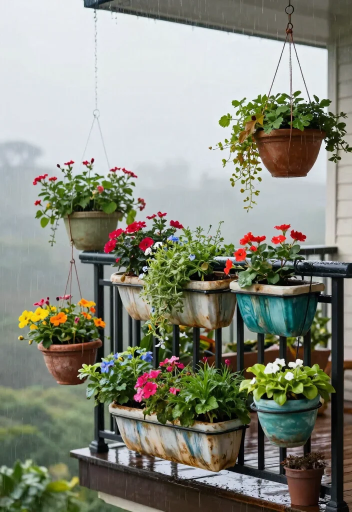 14 Rain Protection Balcony Ideas That Keep Your Space Dry and Usable - 11. Hanging Planters for Vertical Appeal 1