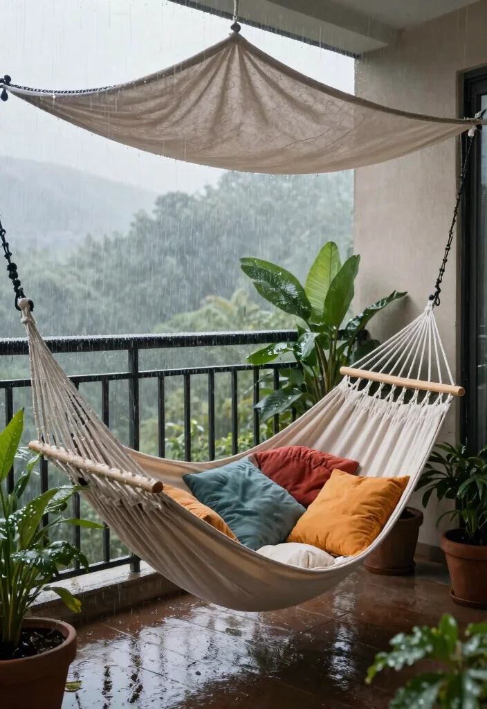 14 Rain Protection Balcony Ideas That Keep Your Space Dry and Usable - 12. Canopy Hammocks for Relaxation 1