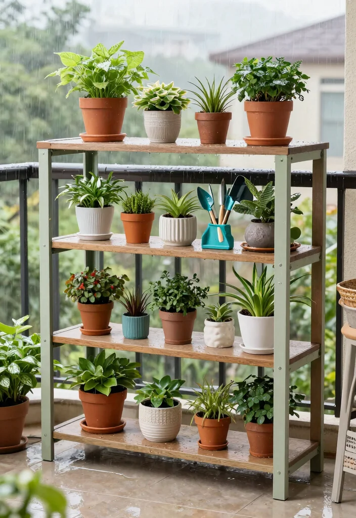 14 Rain Protection Balcony Ideas That Keep Your Space Dry and Usable - 13. Outdoor Shelving for Organized Space 1
