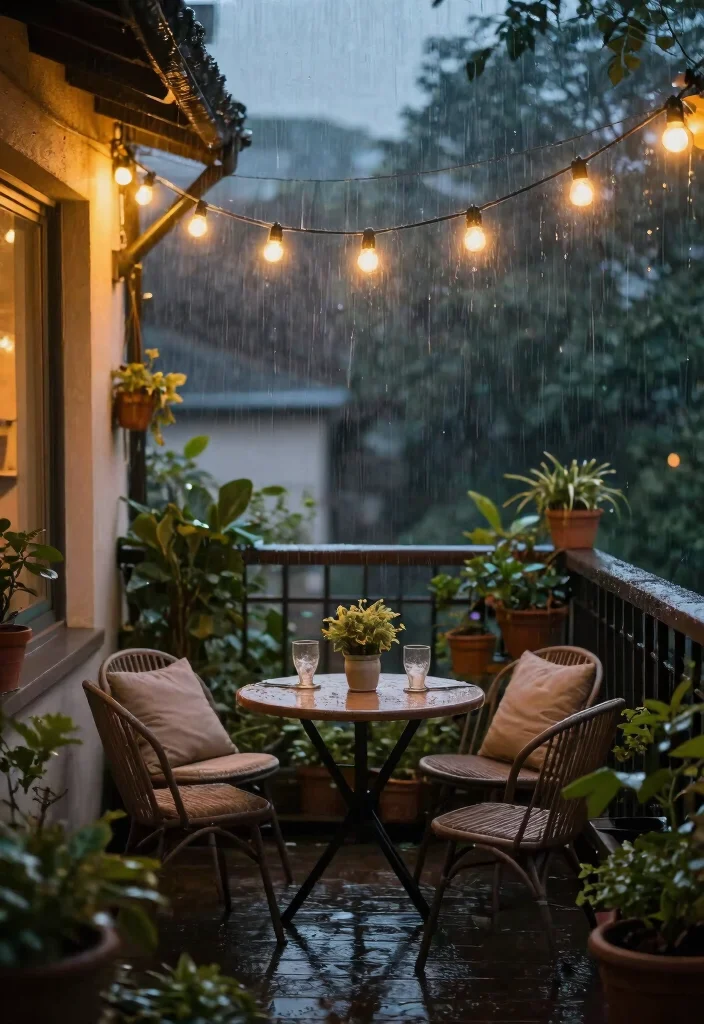 14 Rain Protection Balcony Ideas That Keep Your Space Dry and Usable - 6. Overhead String Lights for Atmosphere 1