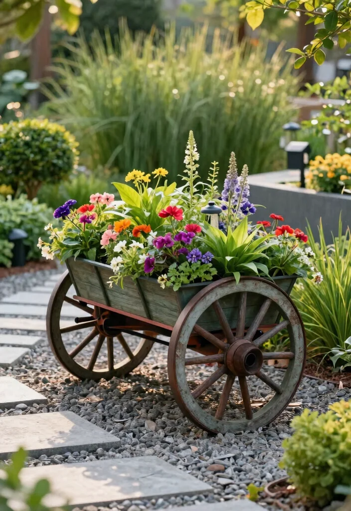 14 Wagon Wheel Decor Outdoor Ideas That Don't Look Too Country - 1. Wagon Wheel Planters 1