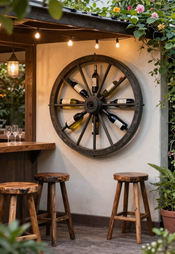 14 Wagon Wheel Decor Outdoor Ideas That Don't Look Too Country - 11. Wine Rack Wagon Wheel 1