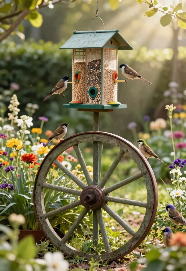 14 Wagon Wheel Decor Outdoor Ideas That Don't Look Too Country - 12. Wagon Wheel Bird Feeder 1