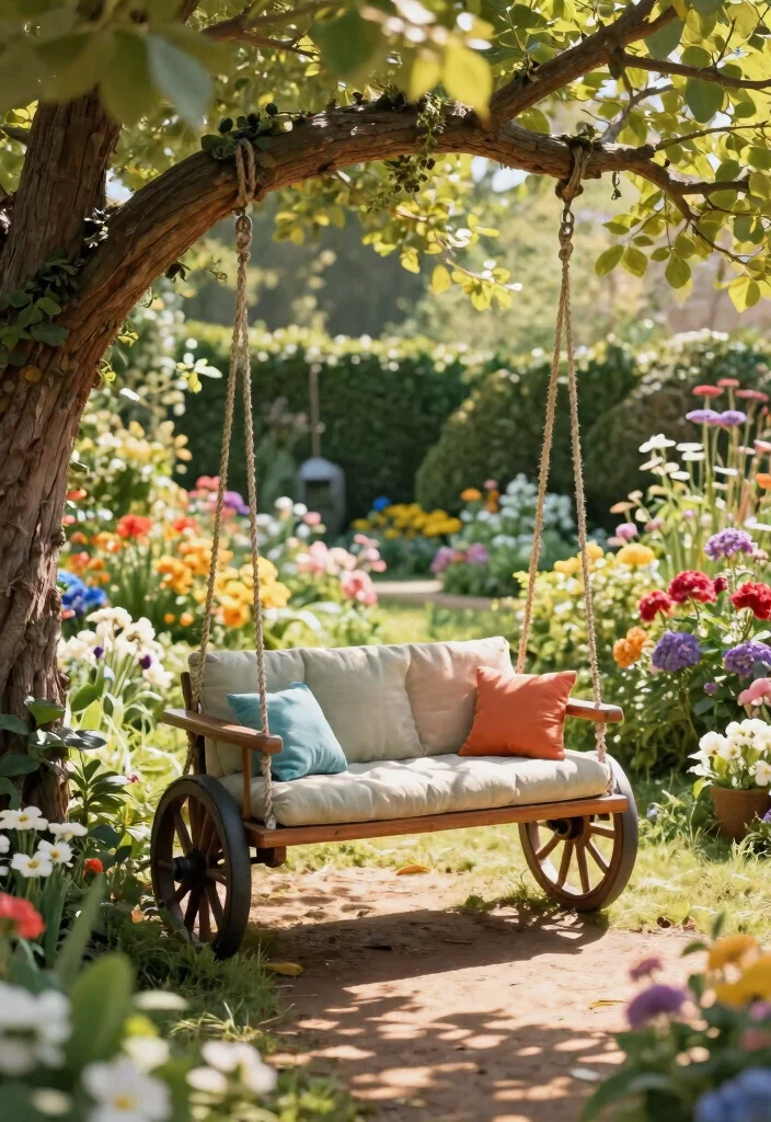 14 Wagon Wheel Decor Outdoor Ideas That Don't Look Too Country - 13. Wagon Wheel Garden Swing 1