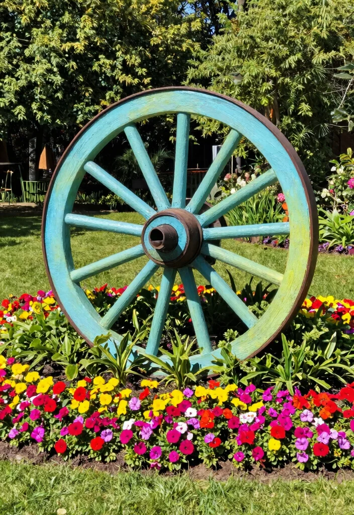 14 Wagon Wheel Decor Outdoor Ideas That Don't Look Too Country - 14. Wagon Wheel Garden Sculpture 1