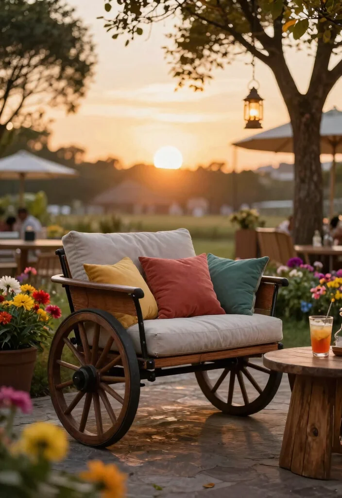 14 Wagon Wheel Decor Outdoor Ideas That Don't Look Too Country - 3. Rustic Lounge Chair 1