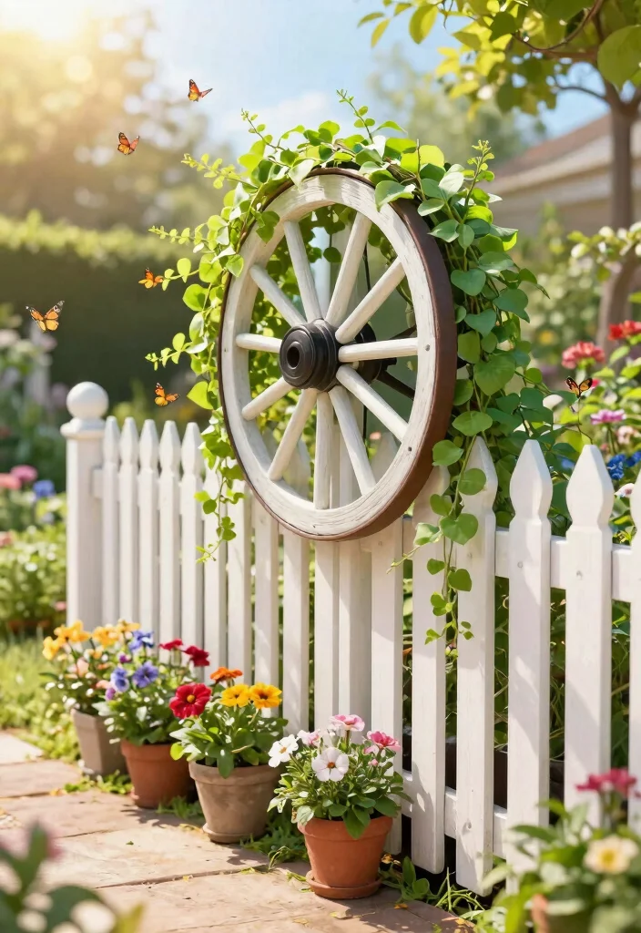 14 Wagon Wheel Decor Outdoor Ideas That Don't Look Too Country - 4. Garden Fence Accent 1