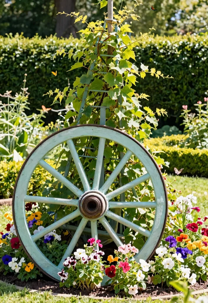 14 Wagon Wheel Decor Outdoor Ideas That Don't Look Too Country - 6. Decorative Garden Trellis 1