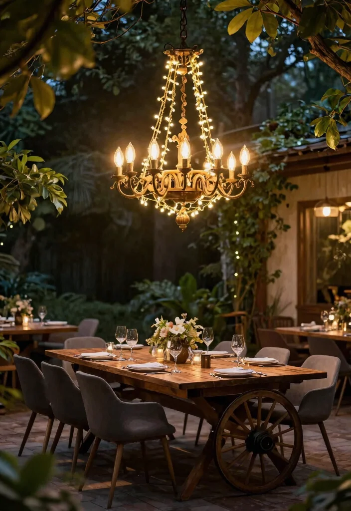 14 Wagon Wheel Decor Outdoor Ideas That Don't Look Too Country - 8. Hanging Wagon Wheel Chandelier 1