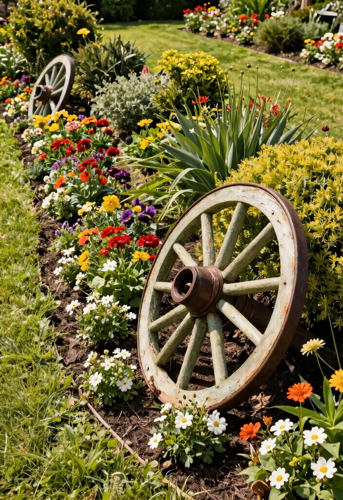 14 Wagon Wheel Decor Outdoor Ideas That Don't Look Too Country - 9. Garden Border Accent 1
