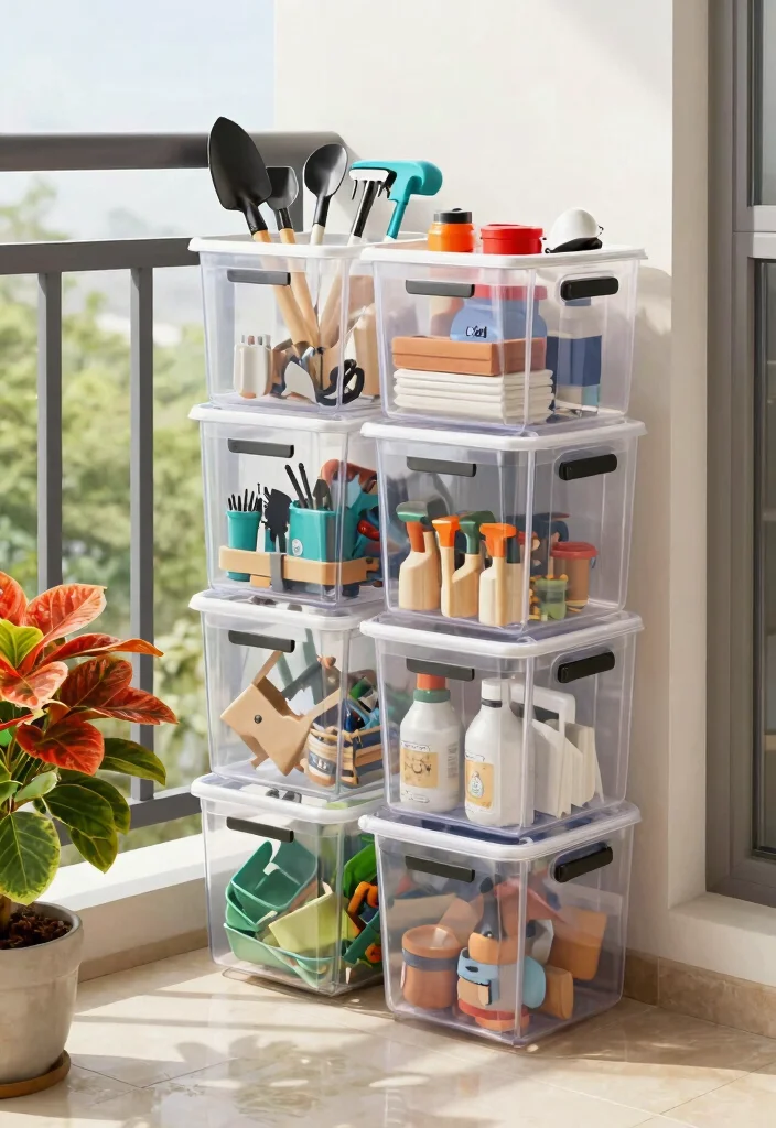15 Balcony Storage Ideas for Renters Who Can't Drill or Mount - 11. Clear Storage Bins 1