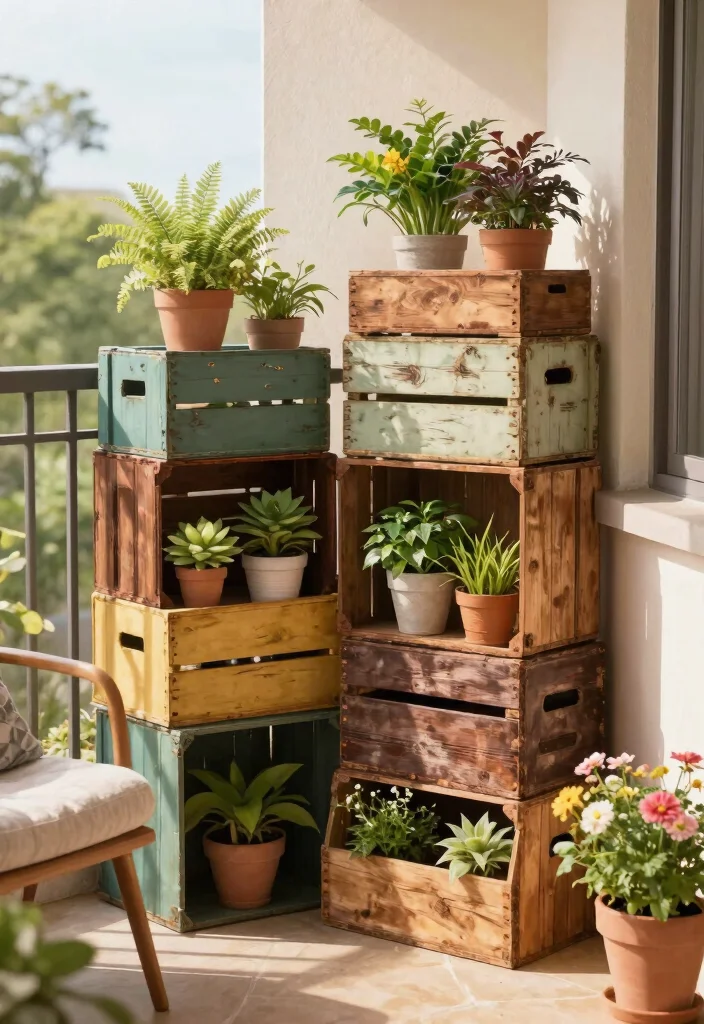 15 Balcony Storage Ideas for Renters Who Can't Drill or Mount - 14. Vintage Crates 1