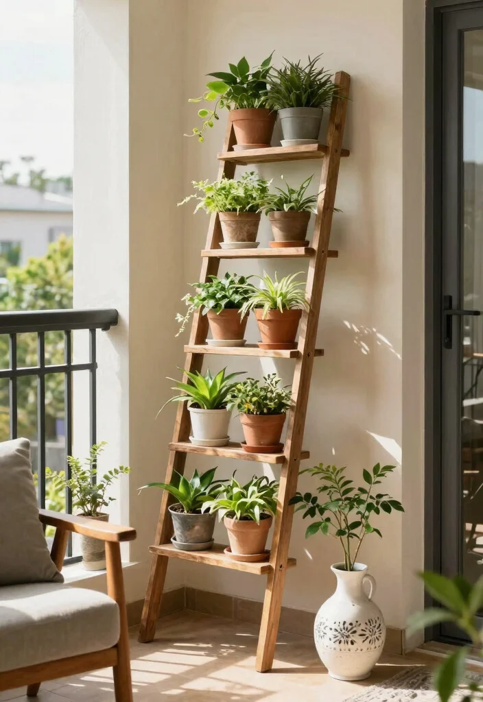 15 Balcony Storage Ideas for Renters Who Can't Drill or Mount - 15. Plant Ladder Display 1