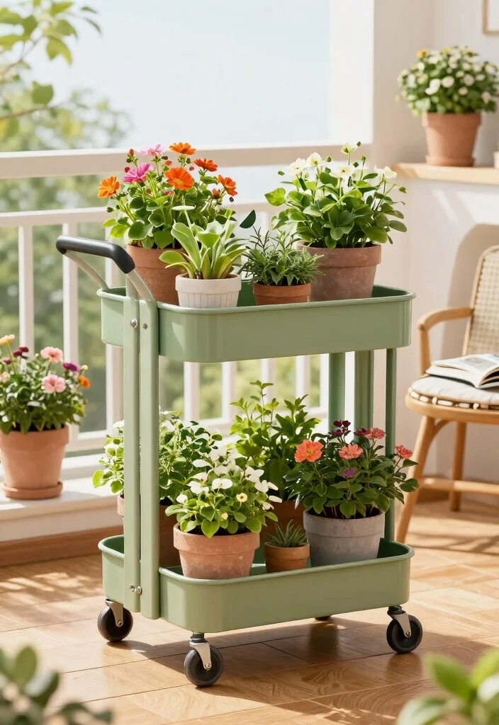 15 Balcony Storage Ideas for Renters Who Can't Drill or Mount - 5. Rolling Garden Cart 1