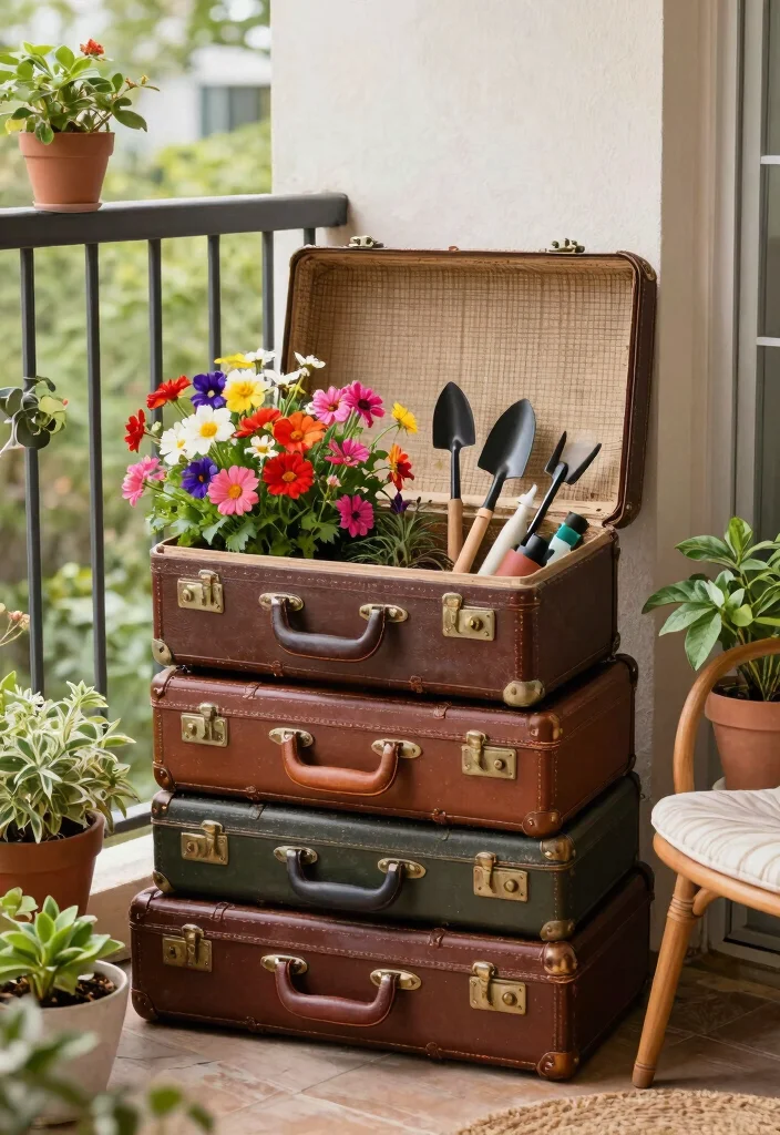 15 Balcony Storage Ideas for Renters Who Can't Drill or Mount - 6. Repurposed Old Suitcases 1
