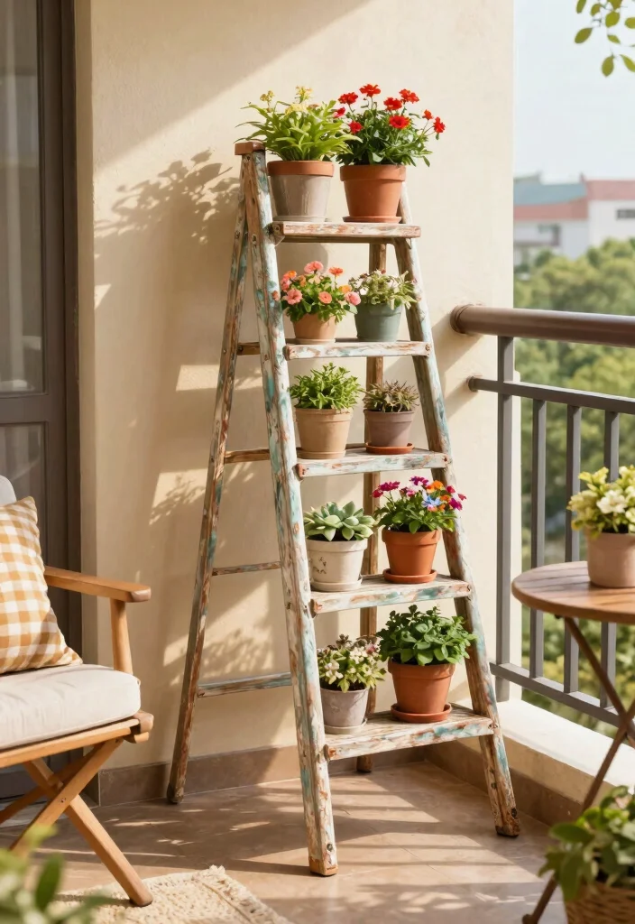 15 Balcony Storage Ideas for Renters Who Can't Drill or Mount - 9. Garden Ladder Storage 1