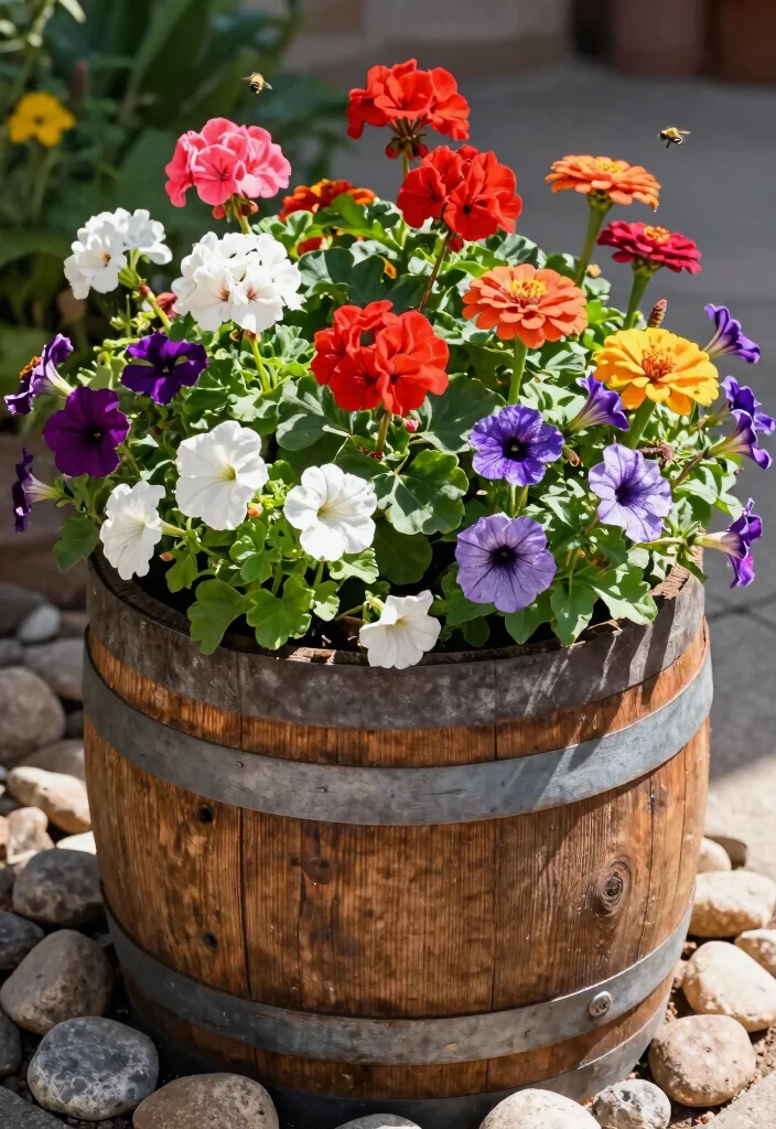 15 Barrel Planter Ideas That Drain Well and Don't Rot - 1. Classic Flower Barrel Planter 1