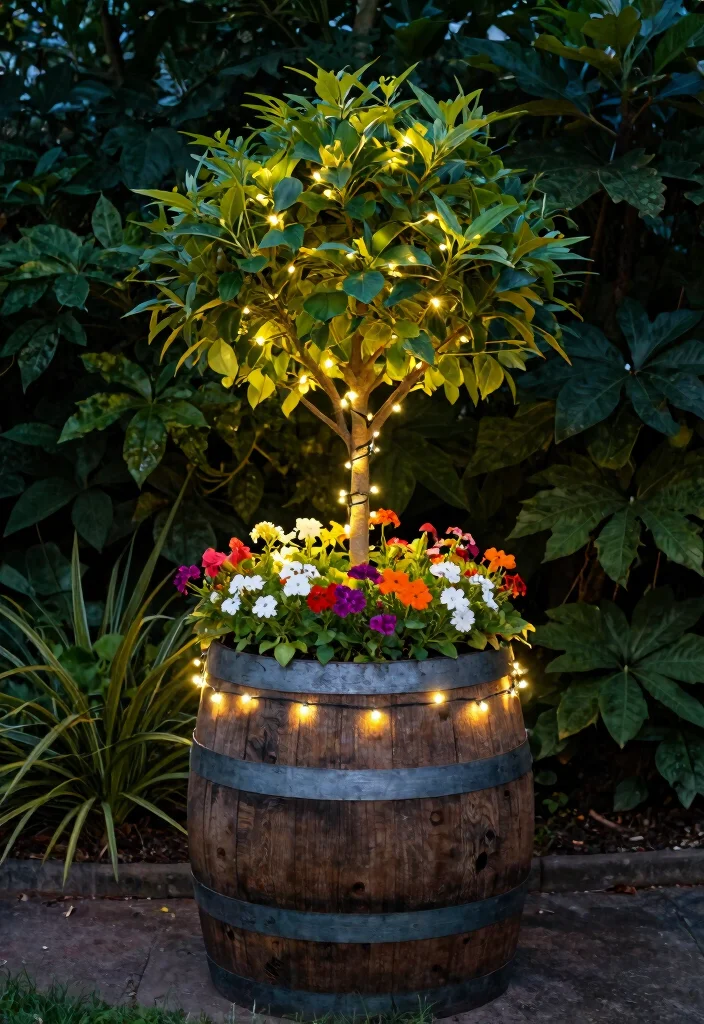 15 Barrel Planter Ideas That Drain Well and Don't Rot - 10. Rustic Fairy Tree Planter 1