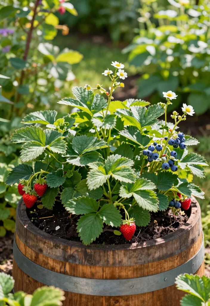 15 Barrel Planter Ideas That Drain Well and Don't Rot - 11. Mixed Berry Barrel Planter 1