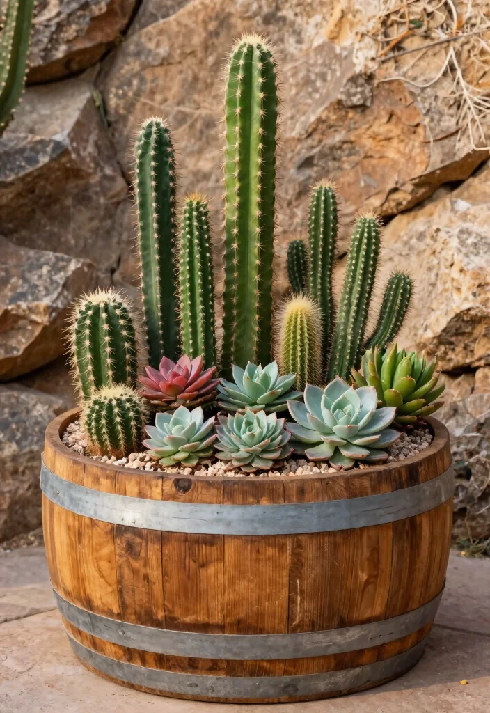 15 Barrel Planter Ideas That Drain Well and Don't Rot - 12. Cute Cactus Barrel Planter 1