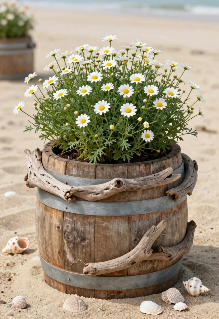 15 Barrel Planter Ideas That Drain Well and Don't Rot - 14. Decorative Driftwood Barrel Planter 1