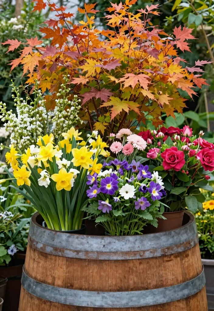 15 Barrel Planter Ideas That Drain Well and Don't Rot - 15. Seasonal Flower Barrel Swap 1