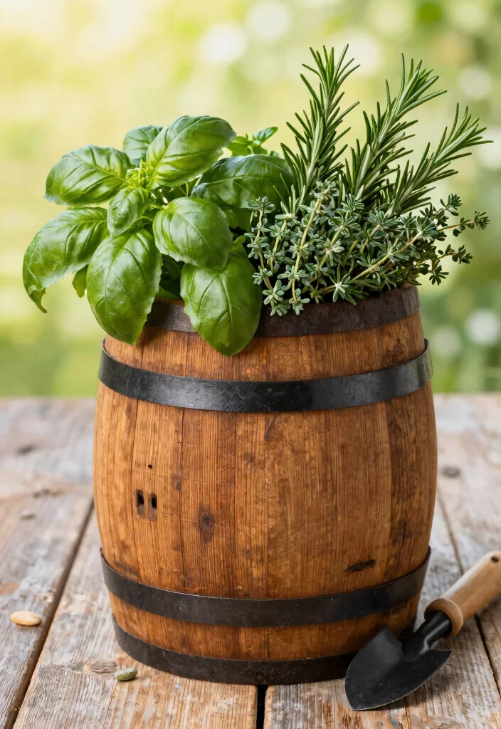 15 Barrel Planter Ideas That Drain Well and Don't Rot - 2. Herb Garden in a Barrel 1