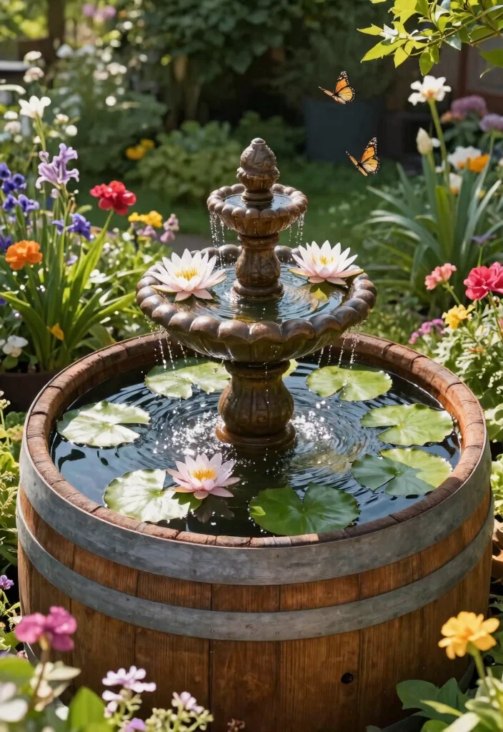 15 Barrel Planter Ideas That Drain Well and Don't Rot - 5. DIY Barrel Fountain Planter 1
