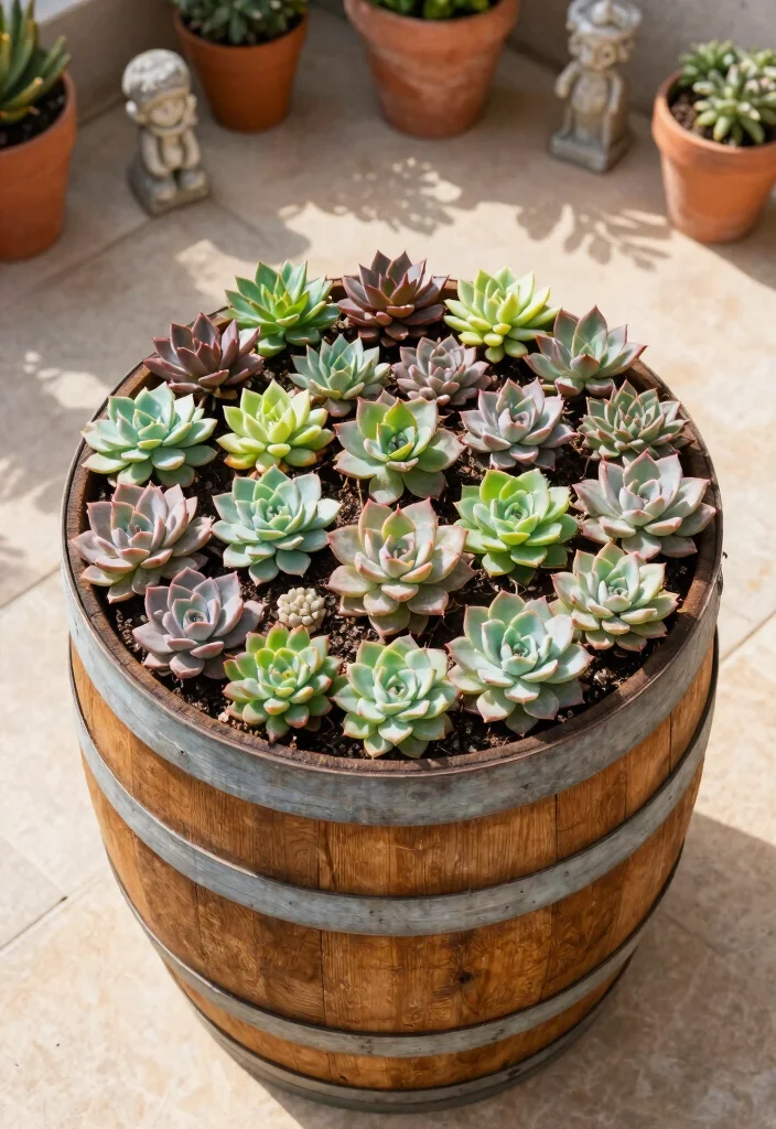 15 Barrel Planter Ideas That Drain Well and Don't Rot - 6. Succulent Barrel Garden 1