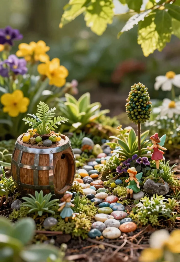 15 Barrel Planter Ideas That Drain Well and Don't Rot - 7. Decorative Fairy Garden Barrel 1
