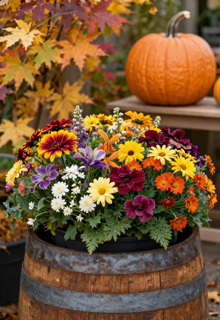 15 Barrel Planter Ideas That Drain Well and Don't Rot - 8. Seasonal Decor Barrel Planter 1