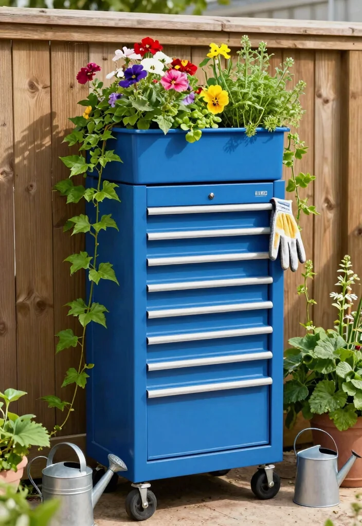 15 Outdoor Storage Cabinet Ideas That Keep Tools Dry and Hidden - 1. Vertical Tool Cabinet with Planter Box 1
