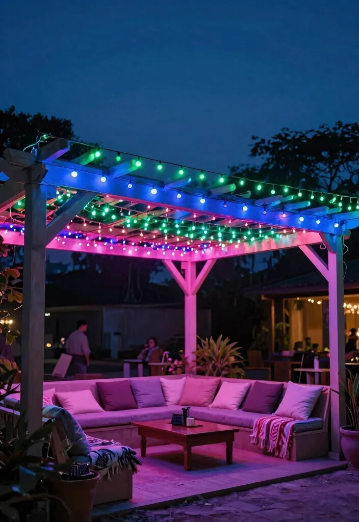 15 Pergola Lighting Ideas That Don't Require Running New Wire - 7. Color-Changing Solar Lights for a Festive Feel 1