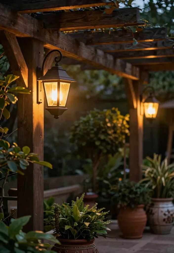 15 Pergola Lighting Ideas That Don't Require Running New Wire - 8. Rustic Solar Wall Lights for Added Charm 1