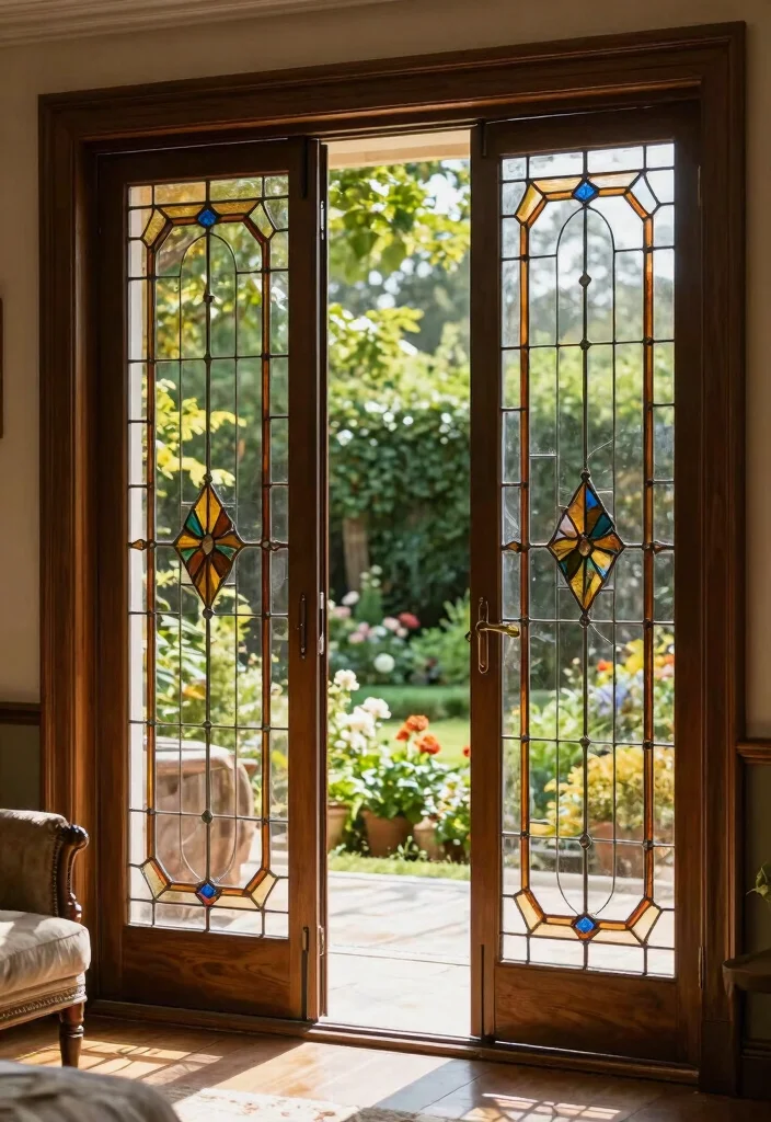 15 Sliding Patio Doors Ideas That Let in Light Without Sacrificing Privacy - 10. Old-World Charm with Leaded Glass Panels 1