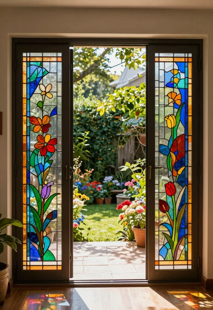 15 Sliding Patio Doors Ideas That Let in Light Without Sacrificing Privacy - 14. Stained Glass Sliding Doors for Colorful Accents 1