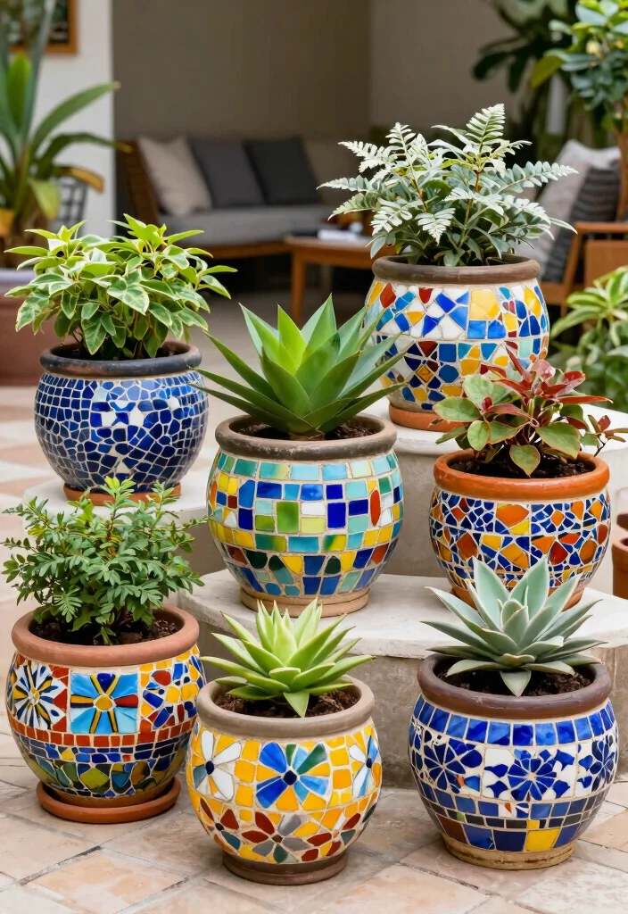 15 Terrace Garden Ideas for Small Spaces Without Soil Spills - 11. Colorful Mosaic Pots 1