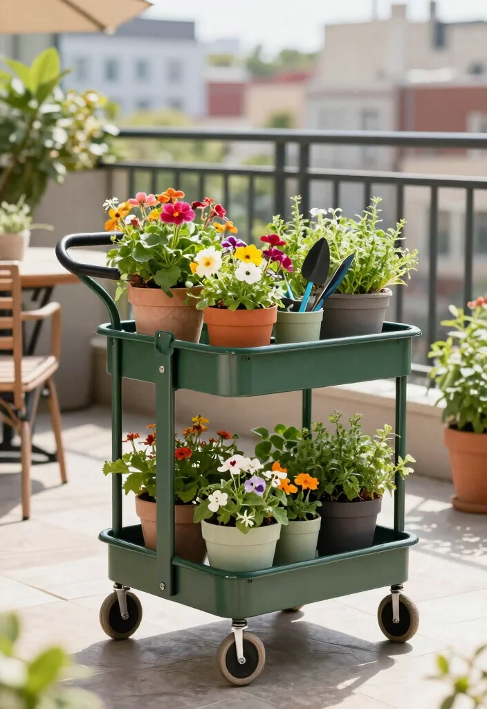 15 Terrace Garden Ideas for Small Spaces Without Soil Spills - 12. Portable Garden Cart 1