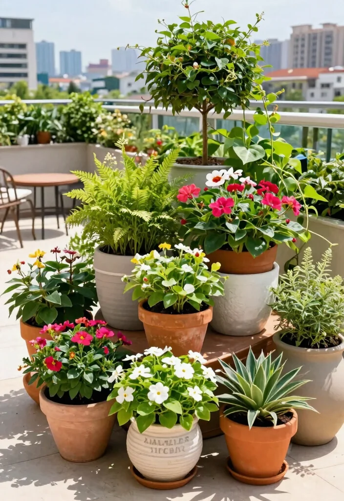 15 Terrace Garden Ideas for Small Spaces Without Soil Spills - 7. Colorful Container Grouping 1